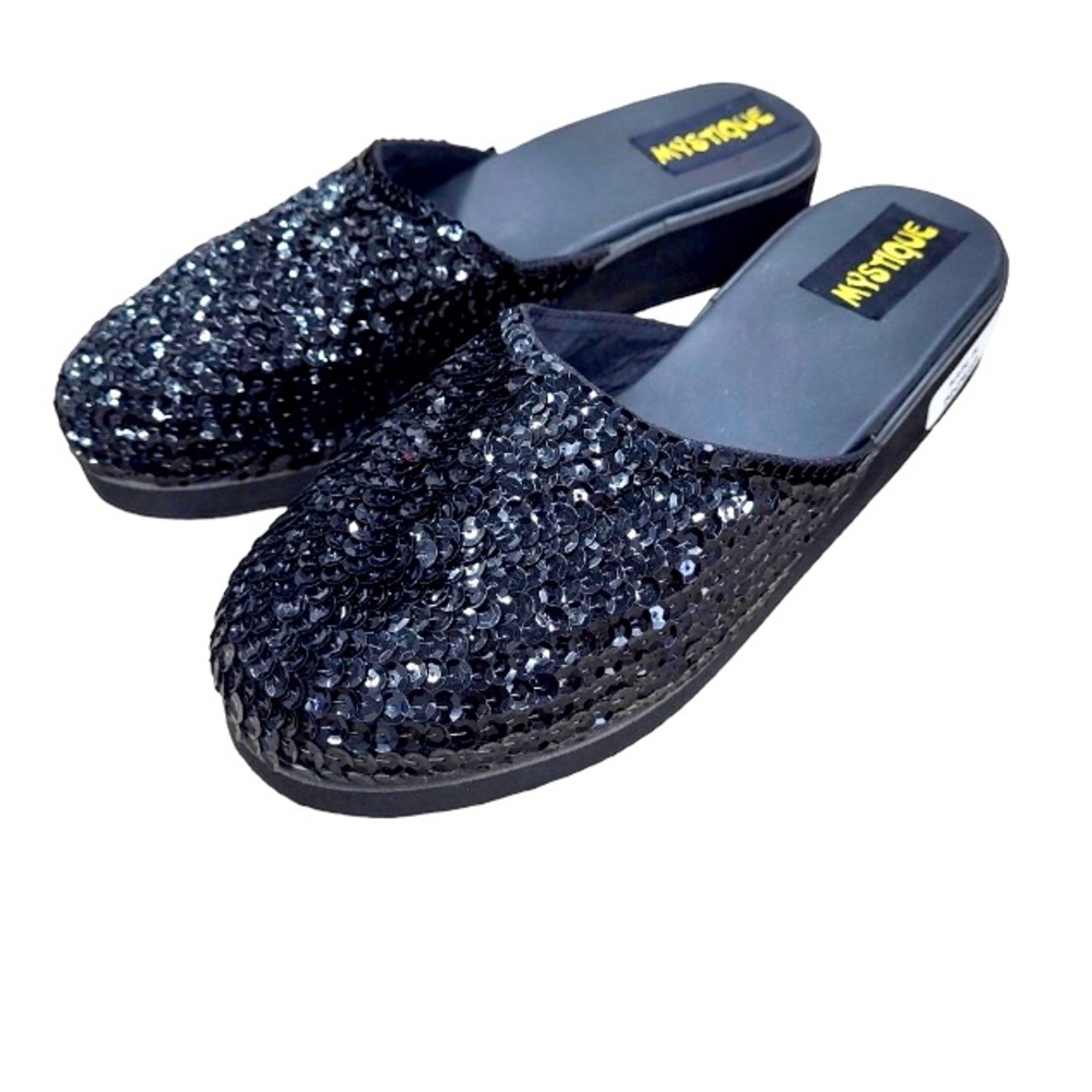 Mystique Boutique Women’s Black Slip Ons sequin slip on sandals NWT